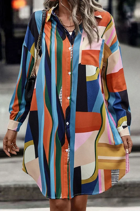 Price Drops You’ll Love!Patchwork Curved Hem Long Sleeve Shirt Dress