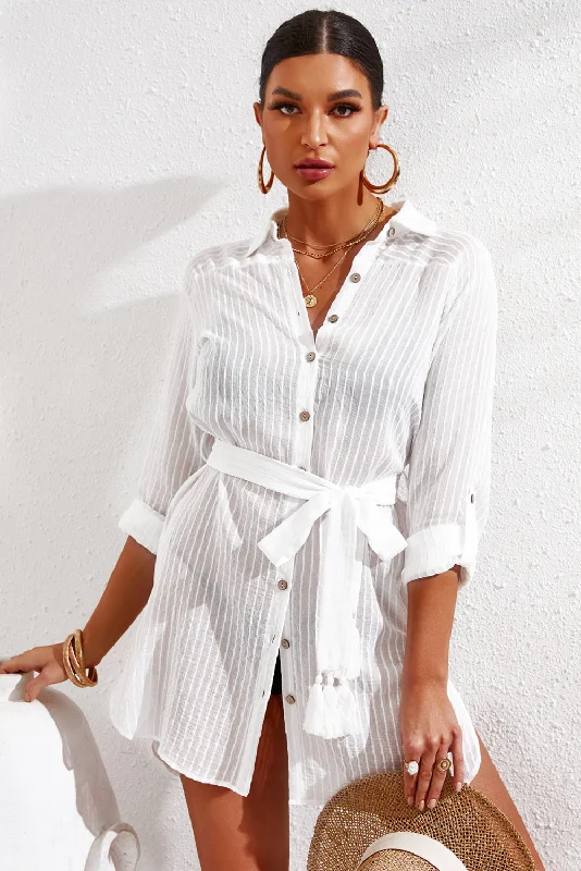 Limited Stock Available!Pinstripe Tie Wiast Slit Shirt Dress