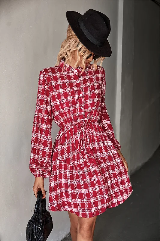 Shop Before It’s Gone!Plaid Band Collar Drawstring Shirt Dress