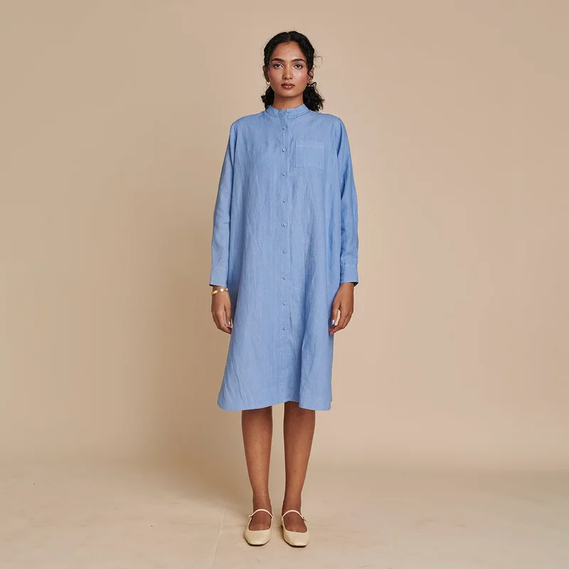 Lowest Prices Guaranteed!Linen Shirt Dress for Women | Blue | Full Sleeves