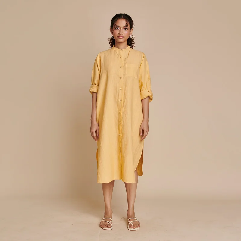 Special Discounts Inside!Linen Shirt Dress for Women | Yellow | Full Sleeves