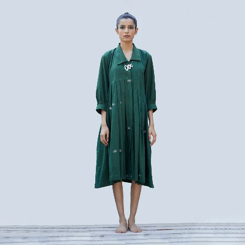 Save Up to 50% Off!Handwoven Cotton Shirt Dress for Women | Basil Green