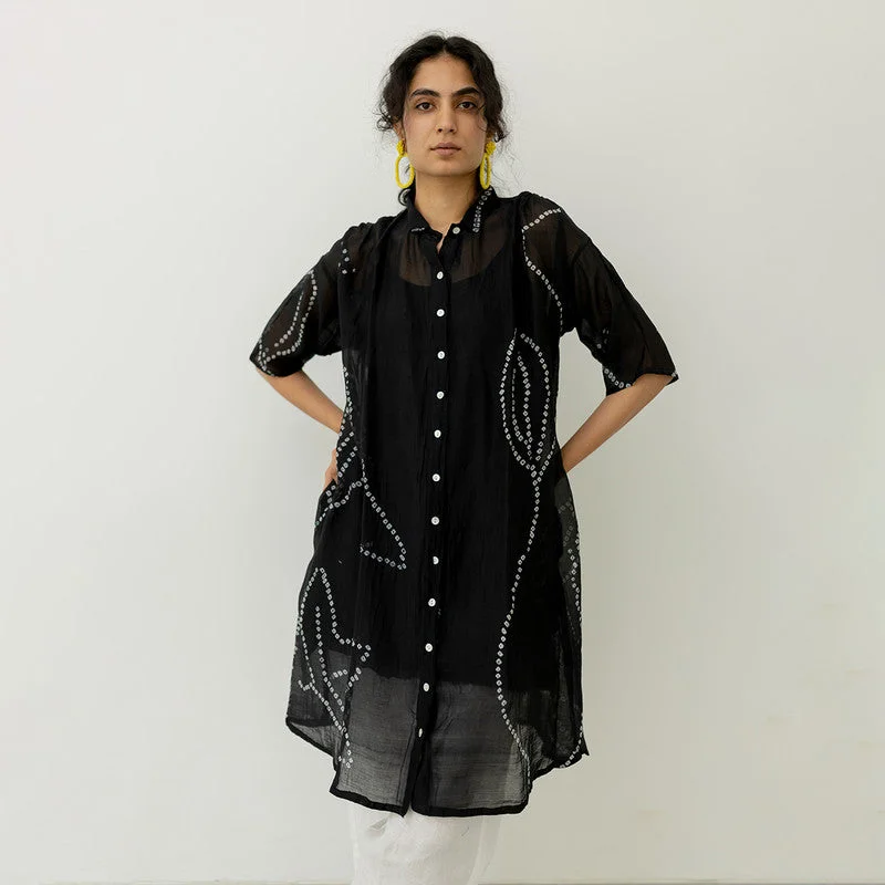 Your Dream Deal is Here!Chanderi Shirt Dress with Slip | Bandhej Print | Black