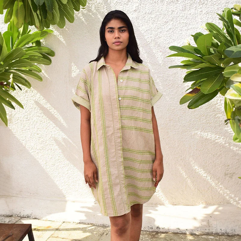 Best Deals Just for You!Organic Linen Oversized Shirt Dress | Striped | Beige & Green Best Deals Just for You!Organic Linen Oversized Shirt Dress | Striped | Beige & Green