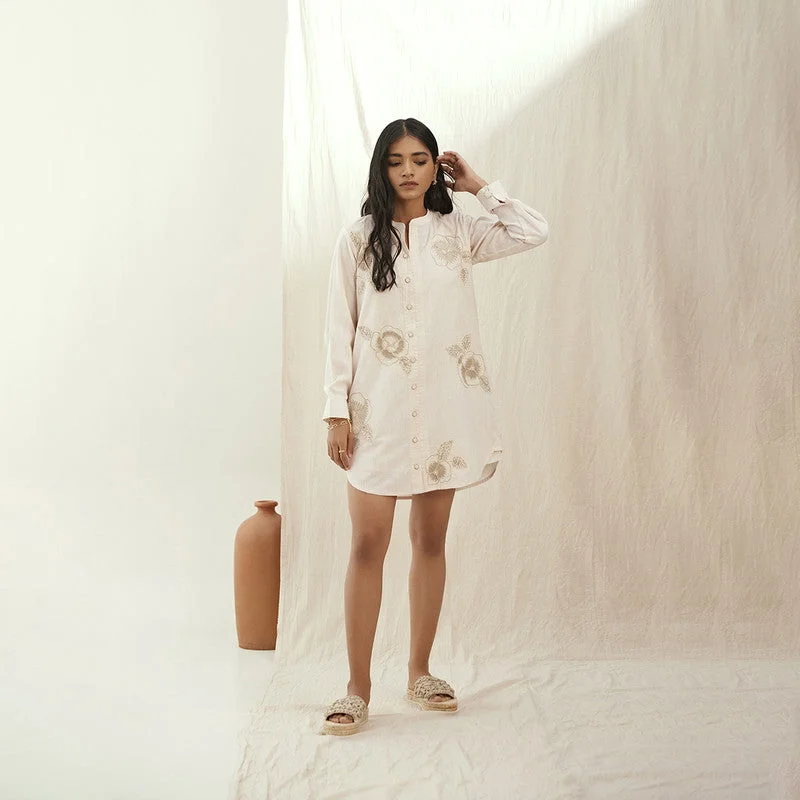 Limited Time Offer!Linen Shirt Dress | Embroidered | Oatmilk