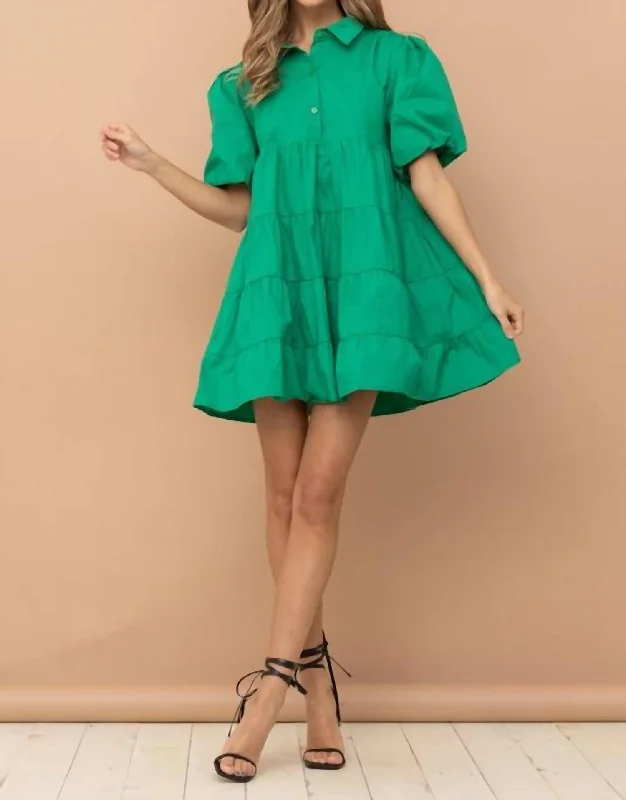 Sale Alert – Get Ready to Shop!Tiered Puff Sleeve Short Shirt Dress - Kelly Green