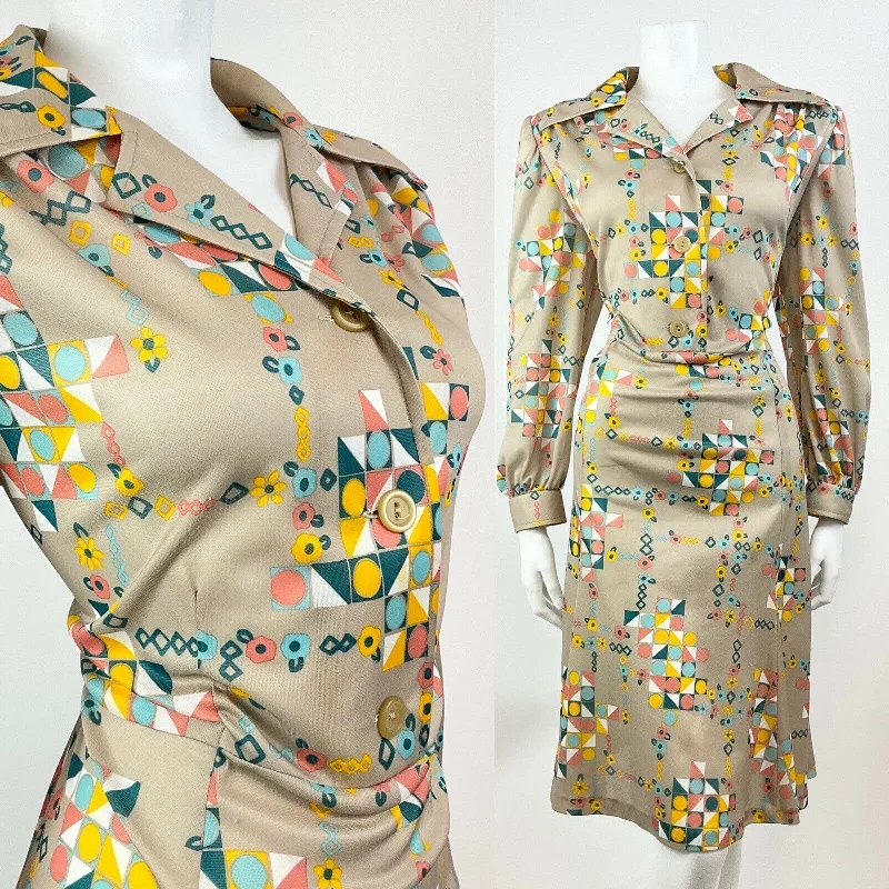 Your Shopping Wish, Our Discount Command!VINTAGE 60s 70s BEIGE BLUE YELLOW GREEN GEOMETRIC FLORAL DAGGER SHIRT DRESS 18 Your Shopping Wish, Our Discount Command!VINTAGE 60s 70s BEIGE BLUE YELLOW GREEN GEOMETRIC FLORAL DAGGER SHIRT DRESS 18