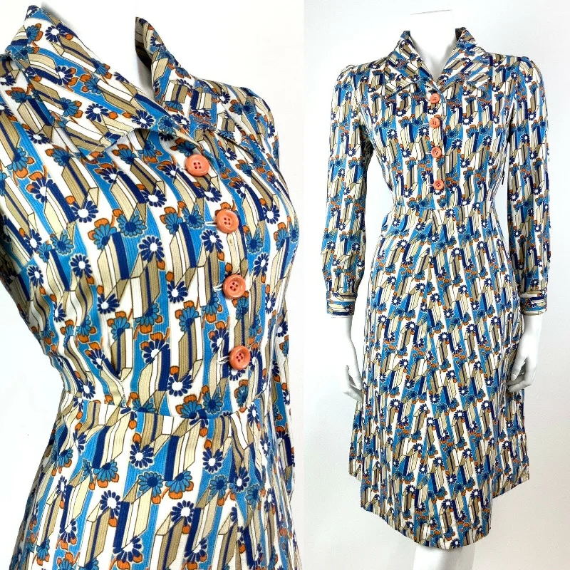 Get It Before It’s Gone!VINTAGE 60s 70s BLUE WHITE ORANGE GEOMETRIC DAISY FLOWER MOD SHIRT DRESS 12 Get It Before It’s Gone!VINTAGE 60s 70s BLUE WHITE ORANGE GEOMETRIC DAISY FLOWER MOD SHIRT DRESS 12