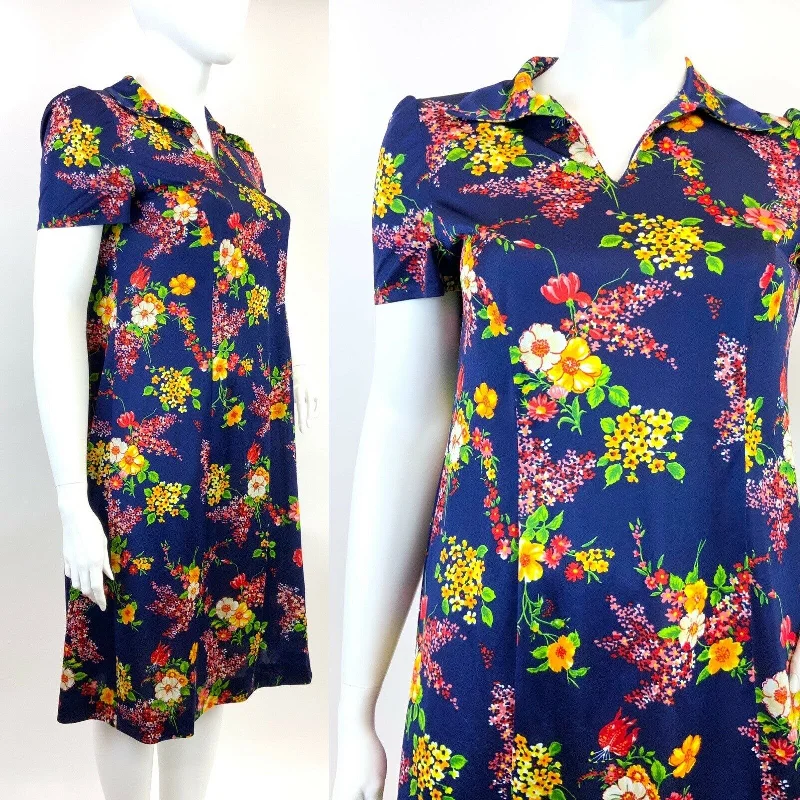 Your Discount is Waiting!VINTAGE 60s 70s BLUE YELLOW PINK GREEN FLORAL DITSY MOD SHIRT DRESS 20 22