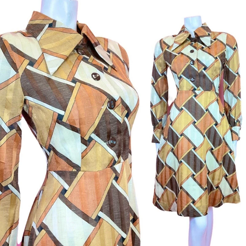 Save More with Every Purchase!VINTAGE 60s 70s BROWN CREAM GOLD GEOMETRIC WEAVE SHEER DAGGER SHIRT DRESS 8 10 Save More with Every Purchase!VINTAGE 60s 70s BROWN CREAM GOLD GEOMETRIC WEAVE SHEER DAGGER SHIRT DRESS 8 10