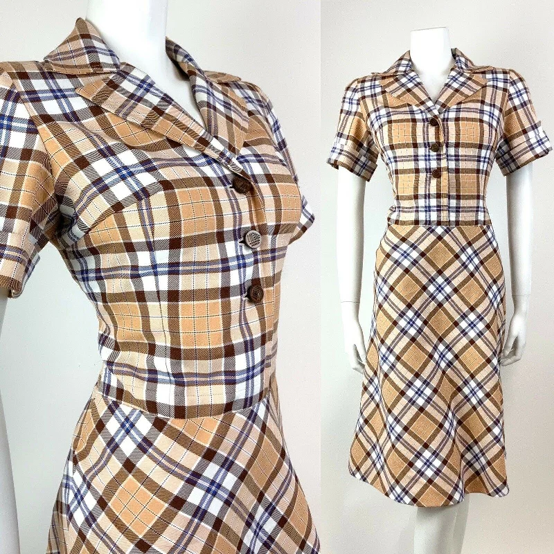 Instant Savings Await!VINTAGE 60s 70s BROWN CREAM WHITE TARTAN PLAID CHECKED MOD SHIRT DRESS 10 12