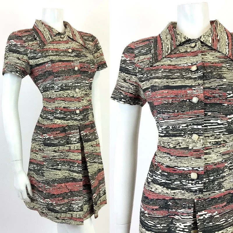 Price Drop Alert!VINTAGE 60s 70s CREAM BLACK RED STRIPED WOOD GRAIN MOD DAGGER SHIRT DRESS 10 12 Price Drop Alert!VINTAGE 60s 70s CREAM BLACK RED STRIPED WOOD GRAIN MOD DAGGER SHIRT DRESS 10 12