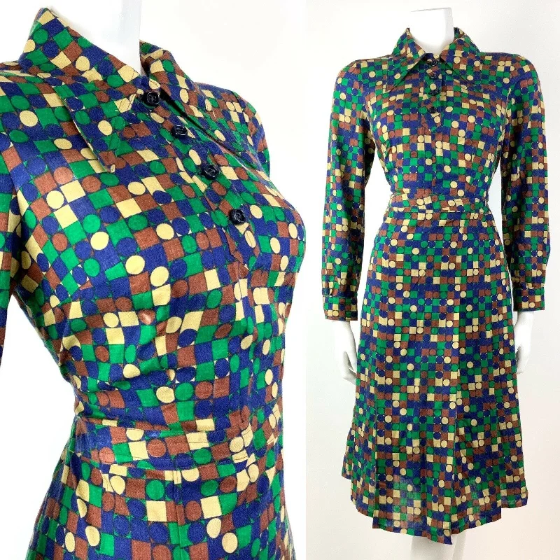 Your Chance to Save is Now!VINTAGE 60s 70s GREEN BLUE BROWN GEOMETRIC CHECKED DOTTY DAGGER SHIRT DRESS 12
