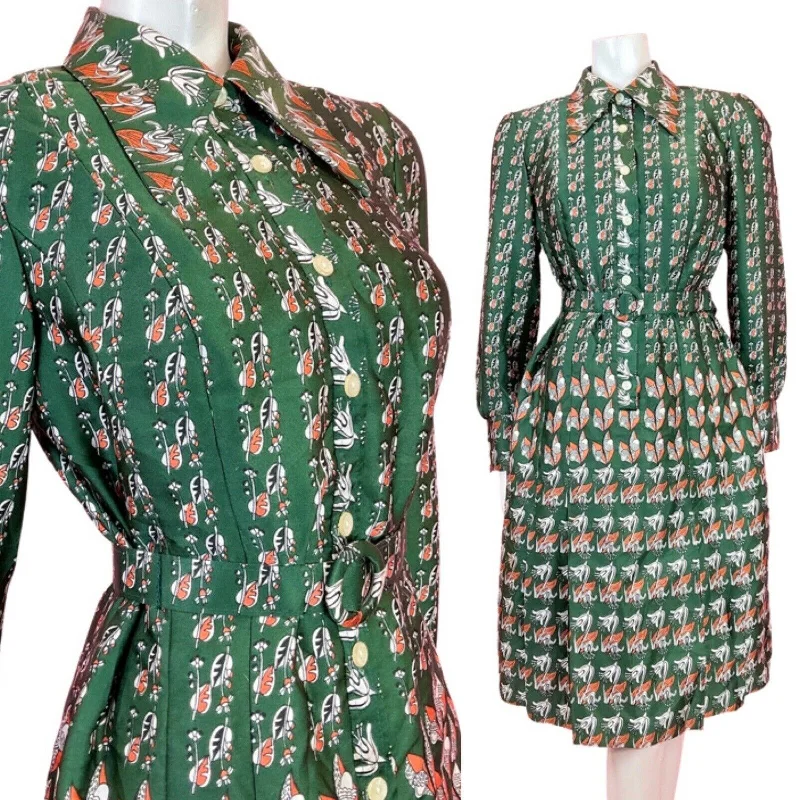 Shop More, Spend Less!VINTAGE 60s 70s GREEN ORANGE WHITE FLORAL PSYCHEDELIC DAGGER SHIRT DRESS 14 16