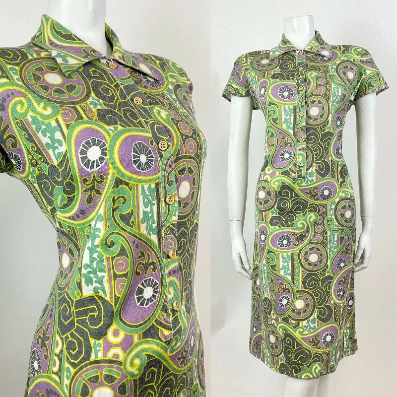 Stock Up and Save!VINTAGE 60s 70s GREEN PURPLE YELLOW PSYCHEDELIC AZTEC FLORAL SHIRT DRESS 14 16 Stock Up and Save!VINTAGE 60s 70s GREEN PURPLE YELLOW PSYCHEDELIC AZTEC FLORAL SHIRT DRESS 14 16