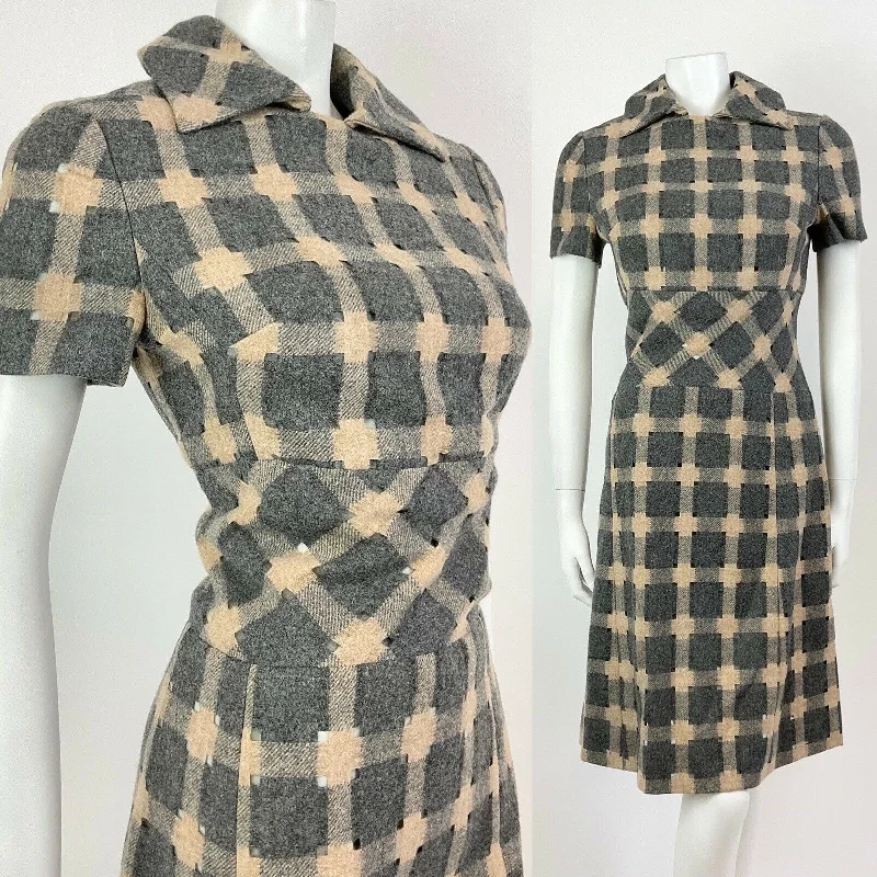 Save More When You Shop More!VINTAGE 60s 70s GREY BEIGE CHECKED CUT-OUT MOD WOOL SHIRT DRESS 10 12 Save More When You Shop More!VINTAGE 60s 70s GREY BEIGE CHECKED CUT-OUT MOD WOOL SHIRT DRESS 10 12