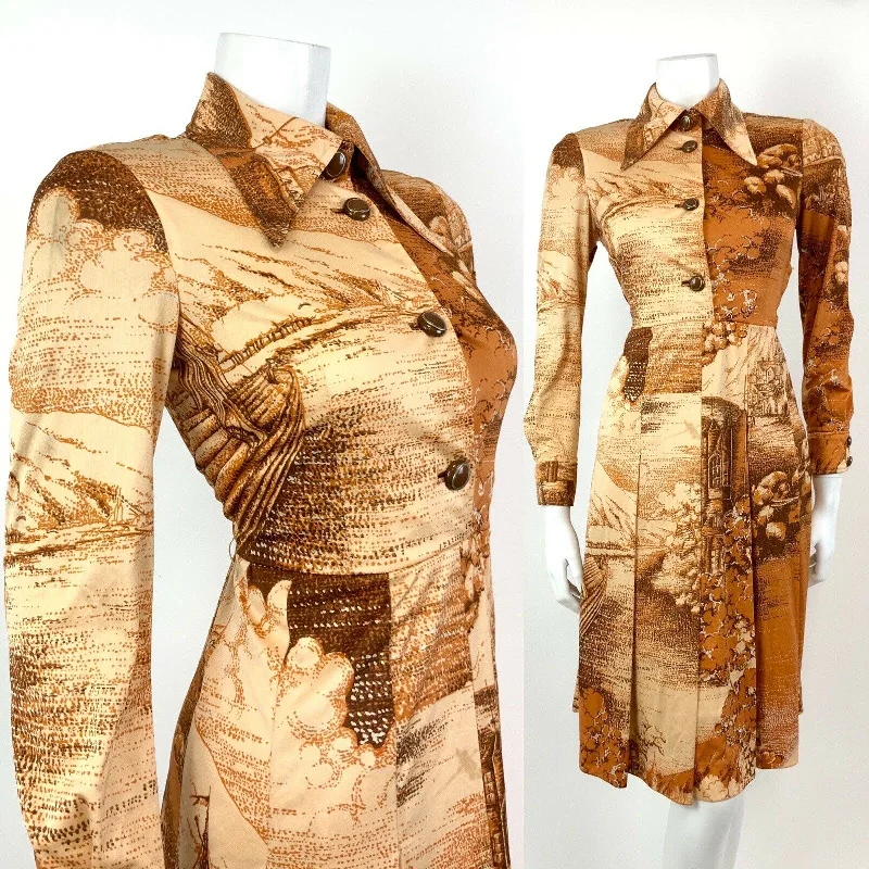 Upgrade for Less!VINTAGE 60s 70s ORANGE BROWN CREAM PASTORAL FARM BOHO DAGGER SHIRT DRESS 8 10 Upgrade for Less!VINTAGE 60s 70s ORANGE BROWN CREAM PASTORAL FARM BOHO DAGGER SHIRT DRESS 8 10