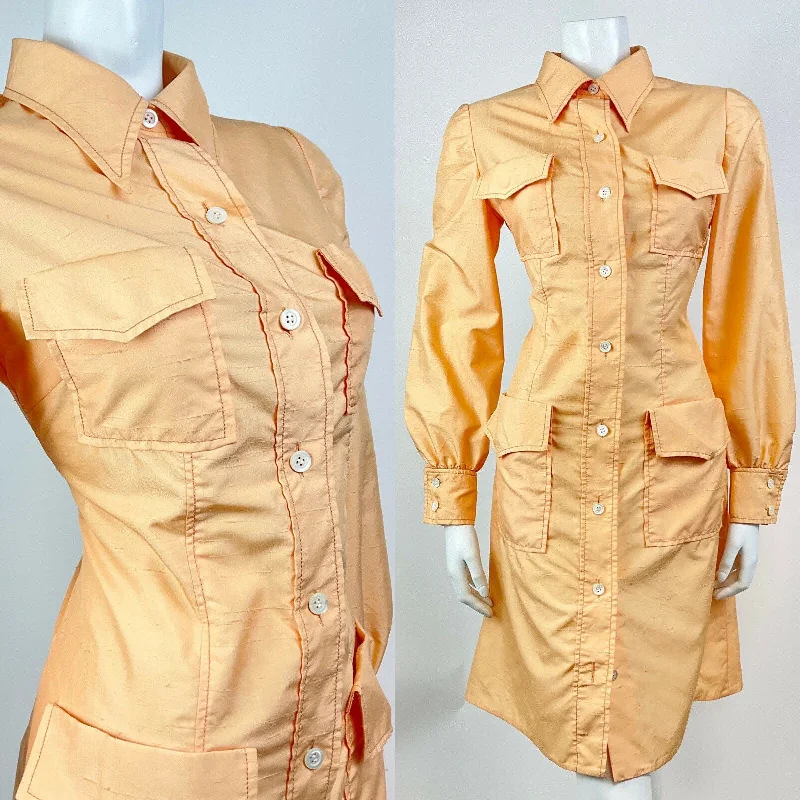 Save Like Never Before!VINTAGE 60s 70s PEACH ORANGE MOD LONGSLEEVE DAGGER COLLAR SHIRT DRESS 10 12