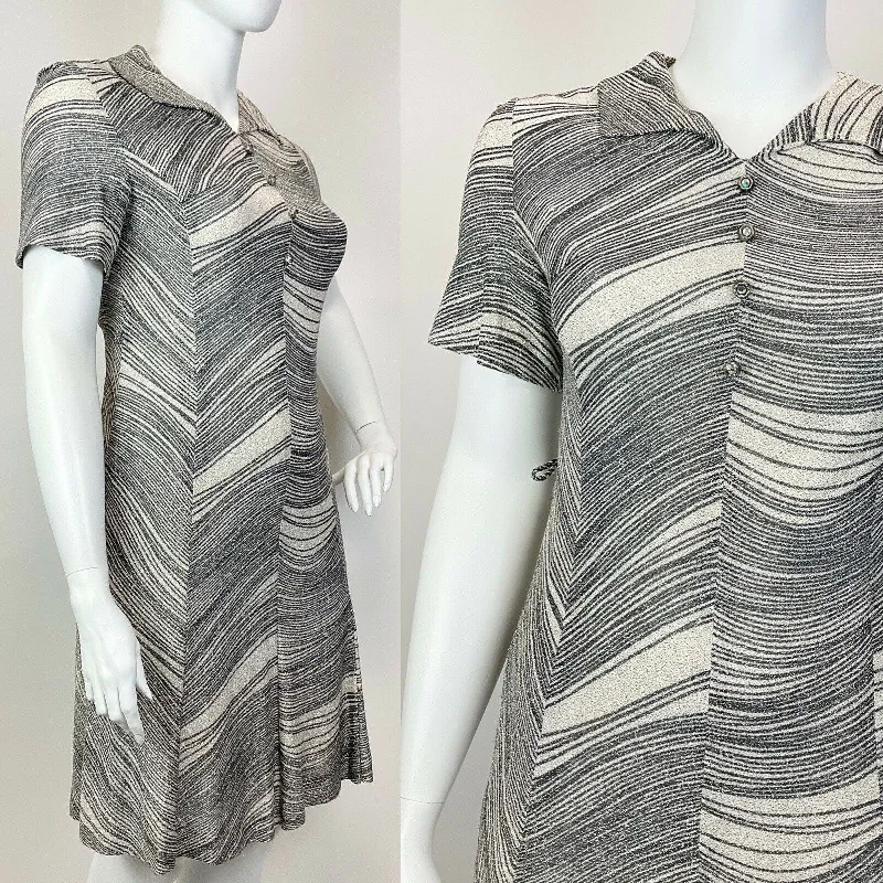 Buy More, Save More!VINTAGE 60s 70s SILVER BLACK WHITE STRIPED LUREX PARTY GLAM SHIRT DRESS 16