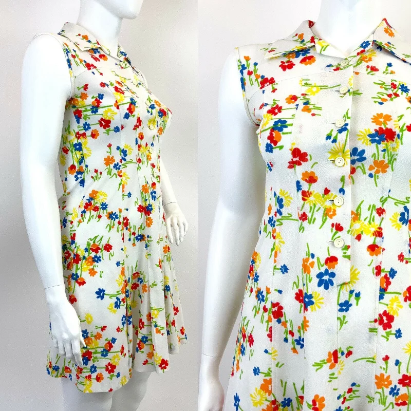 Huge Savings – Act Now!VINTAGE 60s 70s WHITE RED BLUE GREEN FLORAL MOD SLEEVELESS DAGGER SHIRT DRESS 16 Huge Savings – Act Now!VINTAGE 60s 70s WHITE RED BLUE GREEN FLORAL MOD SLEEVELESS DAGGER SHIRT DRESS 16