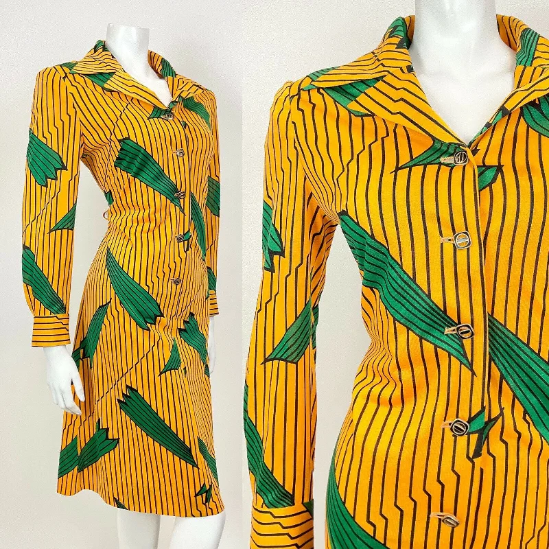 Shop Today, Save Tomorrow!VINTAGE 60s 70s YELLOW BLACK GREEN STRIPED LEAFY MOD DAGGER SHIRT DRESS 10 12 Shop Today, Save Tomorrow!VINTAGE 60s 70s YELLOW BLACK GREEN STRIPED LEAFY MOD DAGGER SHIRT DRESS 10 12