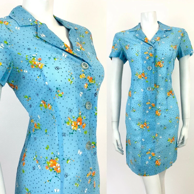 Instant Savings Await!VTG 60s 70s BABY BLUE WHITE ORANGE FLORAL BUTTERFLY MOD SHEER SHIRT DRESS 10 12 Instant Savings Await!VTG 60s 70s BABY BLUE WHITE ORANGE FLORAL BUTTERFLY MOD SHEER SHIRT DRESS 10 12
