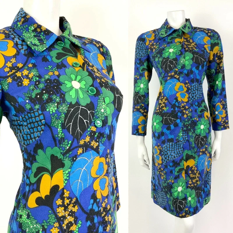 Only a Few Left – Order Now!VTG 60s 70s BLUE YELLOW BLACK GREEN FLORAL LEAFY PSYCHEDELIC SHIRT DRESS 10 12 Only a Few Left – Order Now!VTG 60s 70s BLUE YELLOW BLACK GREEN FLORAL LEAFY PSYCHEDELIC SHIRT DRESS 10 12