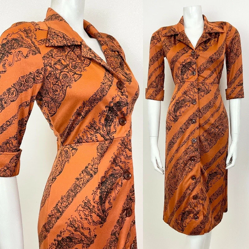 Flash Sale – Act Fast!VTG 60s 70s BRONZE ORANGE BLACK ELEGANT FLORAL ACANTHUS CHERUB SHIRT DRESS 8