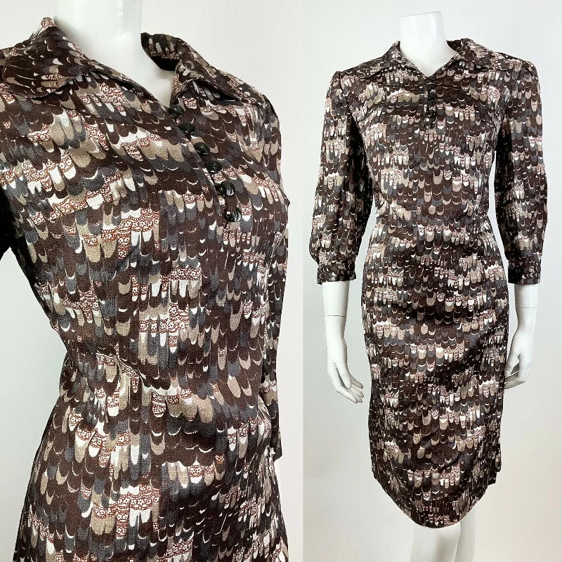 Special Discounts Inside!VTG 60s 70s BROWN WHITE SILVER PSYCHEDELIC SCALES SPOON COLLAR SHIRT DRESS 14 16 Special Discounts Inside!VTG 60s 70s BROWN WHITE SILVER PSYCHEDELIC SCALES SPOON COLLAR SHIRT DRESS 14 16