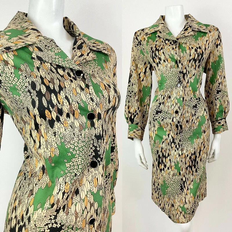 Limited-Time Price Drop!VTG 60s 70s CREAM GREEN BLACK FLORAL LEAFY PSYCHEDELIC DAGGER SHIRT DRESS 16 18 Limited-Time Price Drop!VTG 60s 70s CREAM GREEN BLACK FLORAL LEAFY PSYCHEDELIC DAGGER SHIRT DRESS 16 18