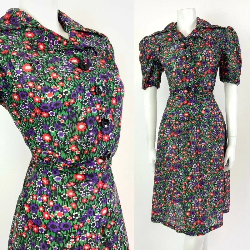 Your Dream Deal is Here!VTG 60s 70s GREEN PURPLE RED BLACK FLORAL DAISY DITSY MOD DAGGER SHIRT DRESS 12 Your Dream Deal is Here!VTG 60s 70s GREEN PURPLE RED BLACK FLORAL DAISY DITSY MOD DAGGER SHIRT DRESS 12