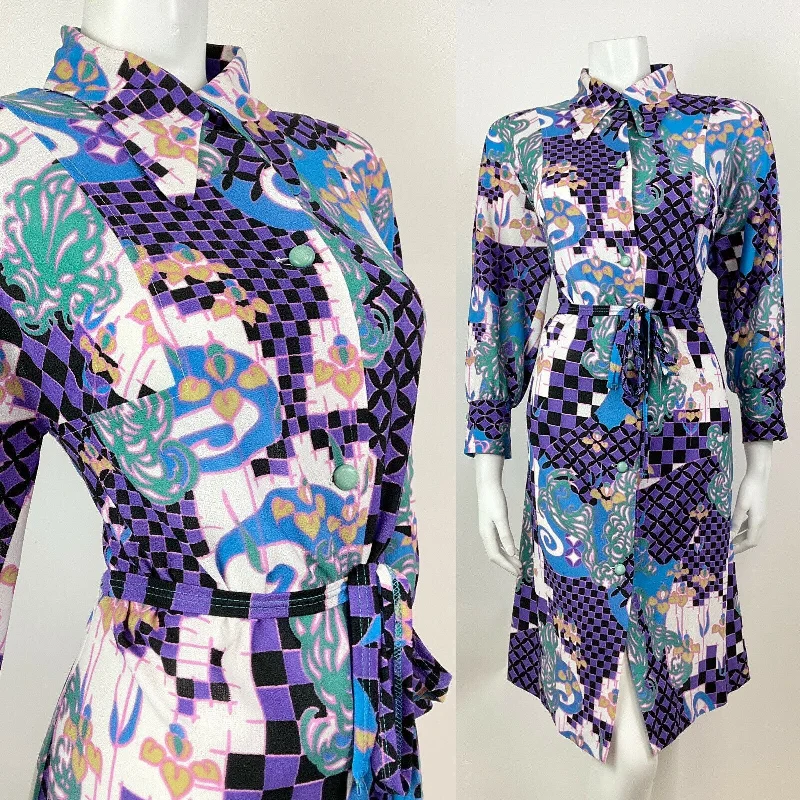 Exclusive Savings This Week!VTG 60s 70s PURPLE GREEN BLACK PSYCHEDELIC CHECKERBOARD DAGGER SHIRT DRESS 12 14 Exclusive Savings This Week!VTG 60s 70s PURPLE GREEN BLACK PSYCHEDELIC CHECKERBOARD DAGGER SHIRT DRESS 12 14