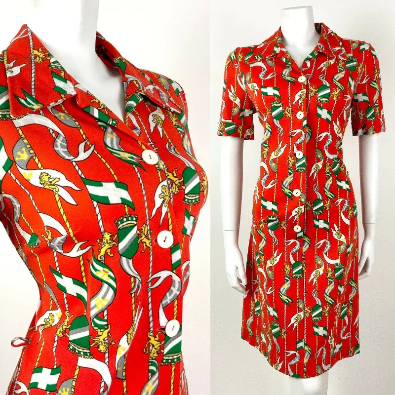 Best Price of the Season!VTG 60s 70s RED ORANGE GREEN GREY FLAG LION CREST MOD DAGGER SHIRT DRESS 12 14 Best Price of the Season!VTG 60s 70s RED ORANGE GREEN GREY FLAG LION CREST MOD DAGGER SHIRT DRESS 12 14