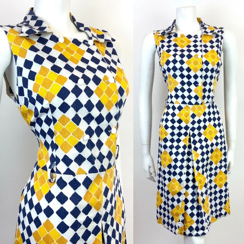 Get Ready to Save!VTG 60s 70s WHITE BLUE YELLOW CHECKERBOARD GEOMETRIC DAGGER SHIRT DRESS 12 14 Get Ready to Save!VTG 60s 70s WHITE BLUE YELLOW CHECKERBOARD GEOMETRIC DAGGER SHIRT DRESS 12 14