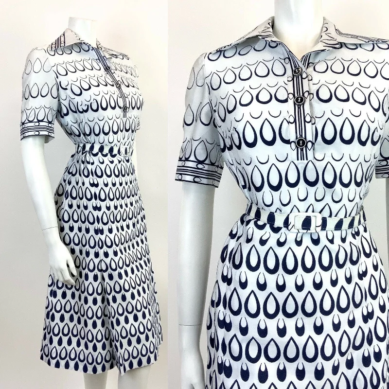 One Day Only – Huge Savings!VTG 60s 70s WHITE NAVY BLUE TEARDROP MOD BELTED DAGGER COLLAR SHIRT DRESS 8 10 One Day Only – Huge Savings!VTG 60s 70s WHITE NAVY BLUE TEARDROP MOD BELTED DAGGER COLLAR SHIRT DRESS 8 10