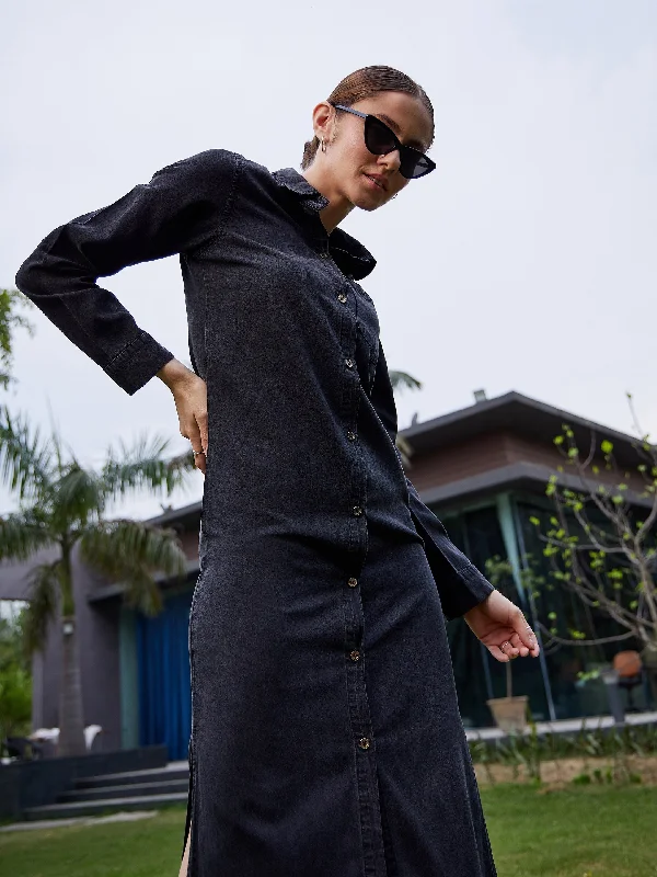 Today’s Deals, Tomorrow’s Regrets!Women Black Acid Wash Tencel Maxi Shirt Dress