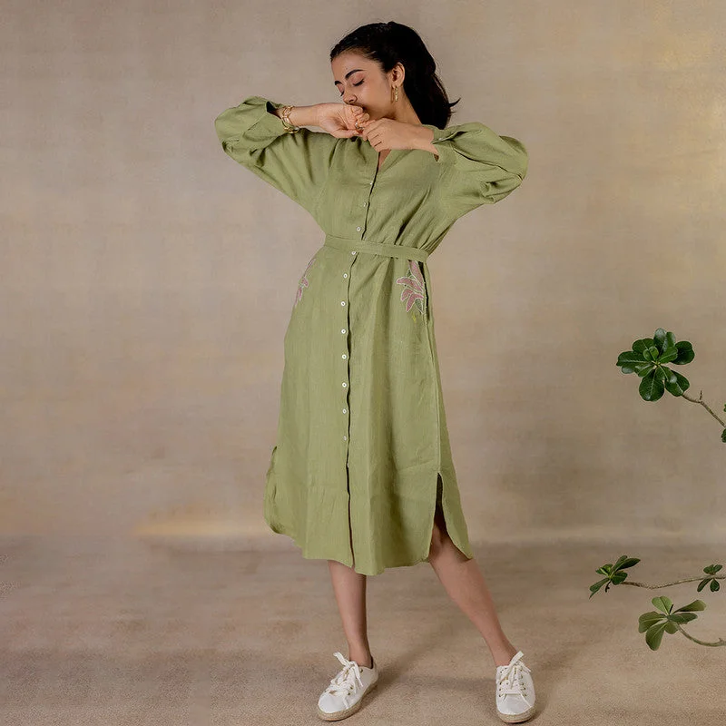Sale Alert – Get Ready to Shop!Linen Long Shirt Dress | Hand Embroidered | Green