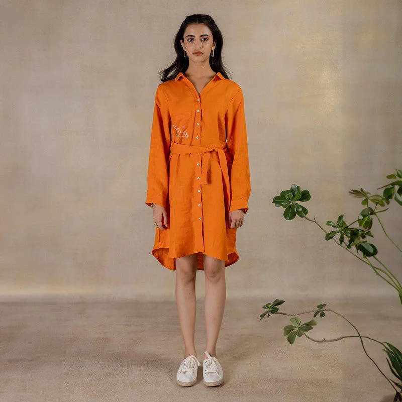 Your Shopping Spree Starts Here!Linen Shirt Dress | Curved Hem | Orange