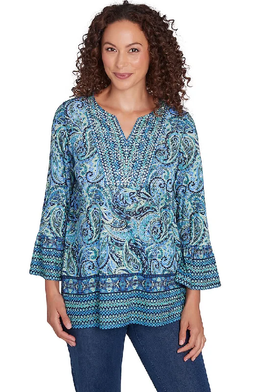 Amazing Prices You Can’t Resist!Paisley Patch Jeweled Split Neck Tunic