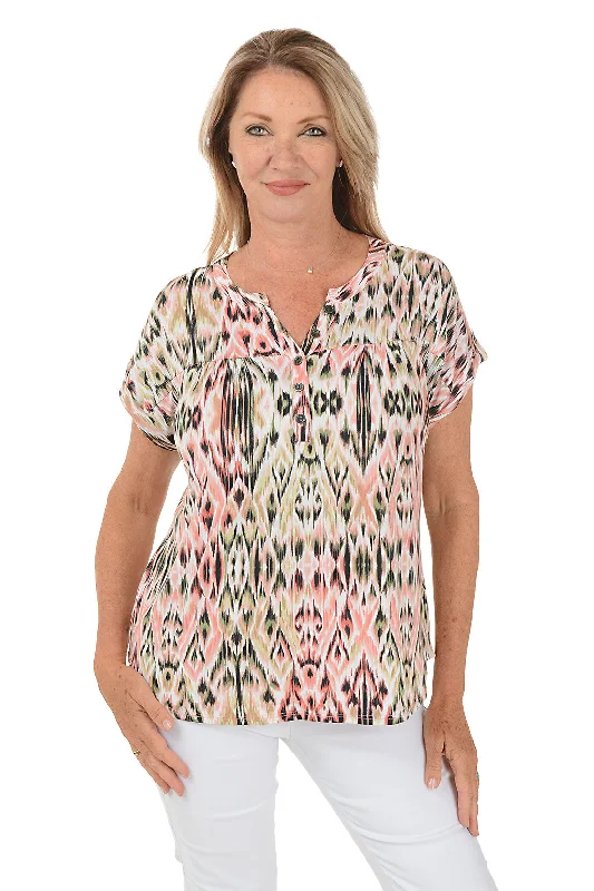 Massive Price Cuts!Coral Ikat Short Sleeve Top