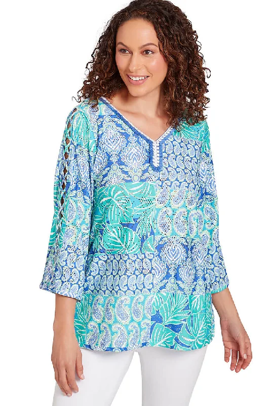 Save Like Never Before!Petite Bali Blue Patchwork Printed Top
