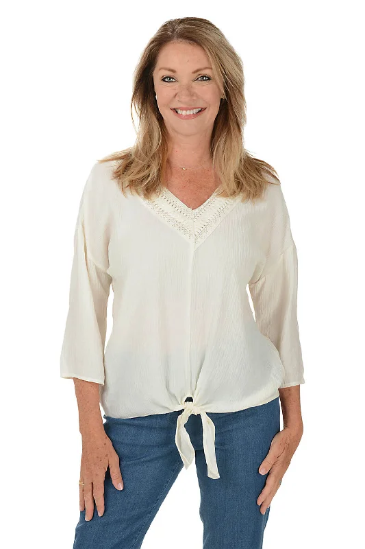 Shop Before It’s Gone!Keep It Natural Crochet Neck Gauze Blouse