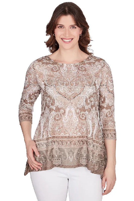 Huge Price Cuts Await!Keep It Natural Jeweled Damask Burnout Top