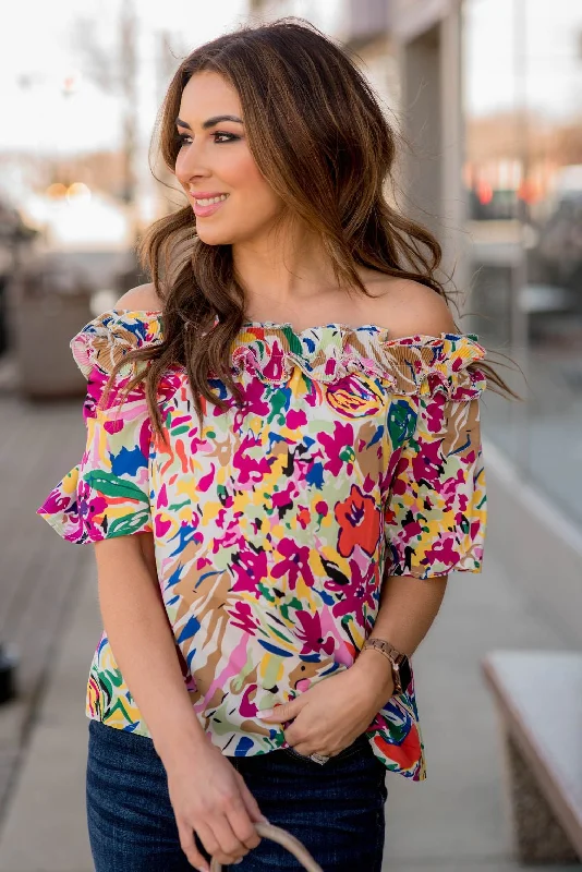 Score Big Savings Today!Abstract Floral Off The Shoulder Blouse
