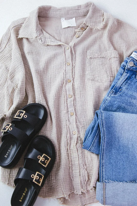Shop Early, Save Big!Adriana Gauze Button Down Shirt, Ash Mocha | Plus Size