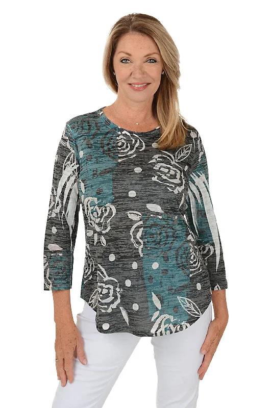 Get More for Less!Rosette Curved Hem Burnout Knit Top