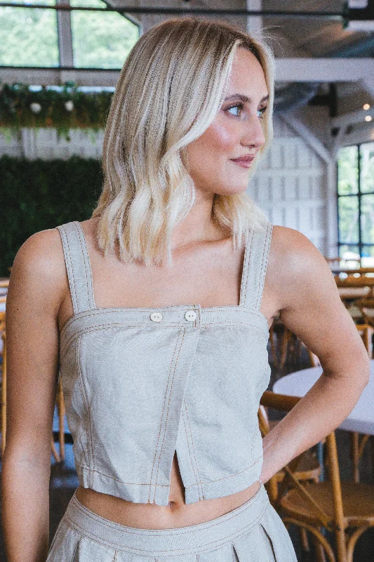 Get the Best for Less!Brielle Linen Button Crop Top, Khaki
