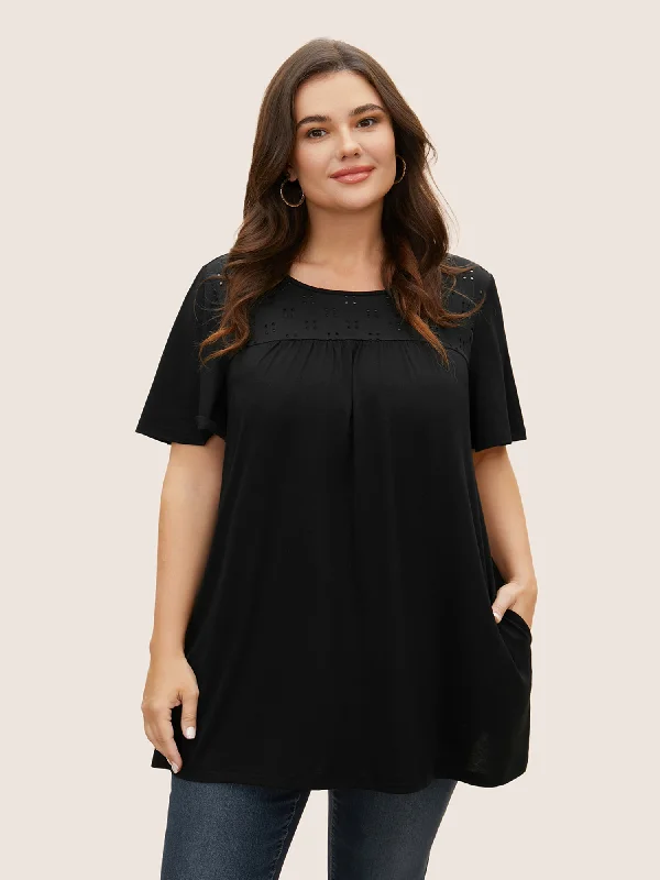 Score Huge Discounts Today!Broderie Anglaise Ruffle Sleeve Pocket T-shirt