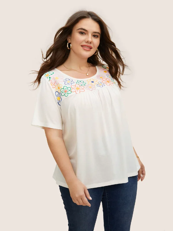 Don't Miss Out!Colored Floral Print Round Neck Gathered T-shirt