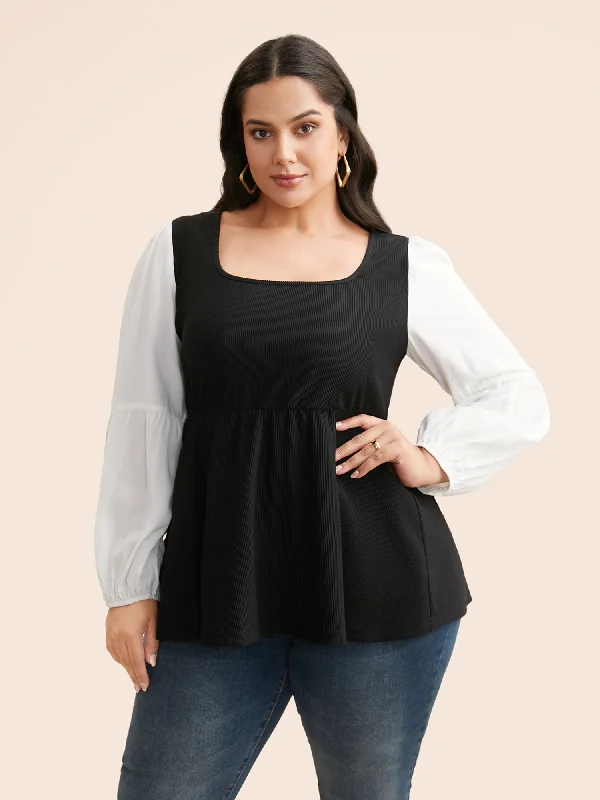 Shop More, Spend Less!Contrast Patchwork Gathered Puff Sleeve Blouse